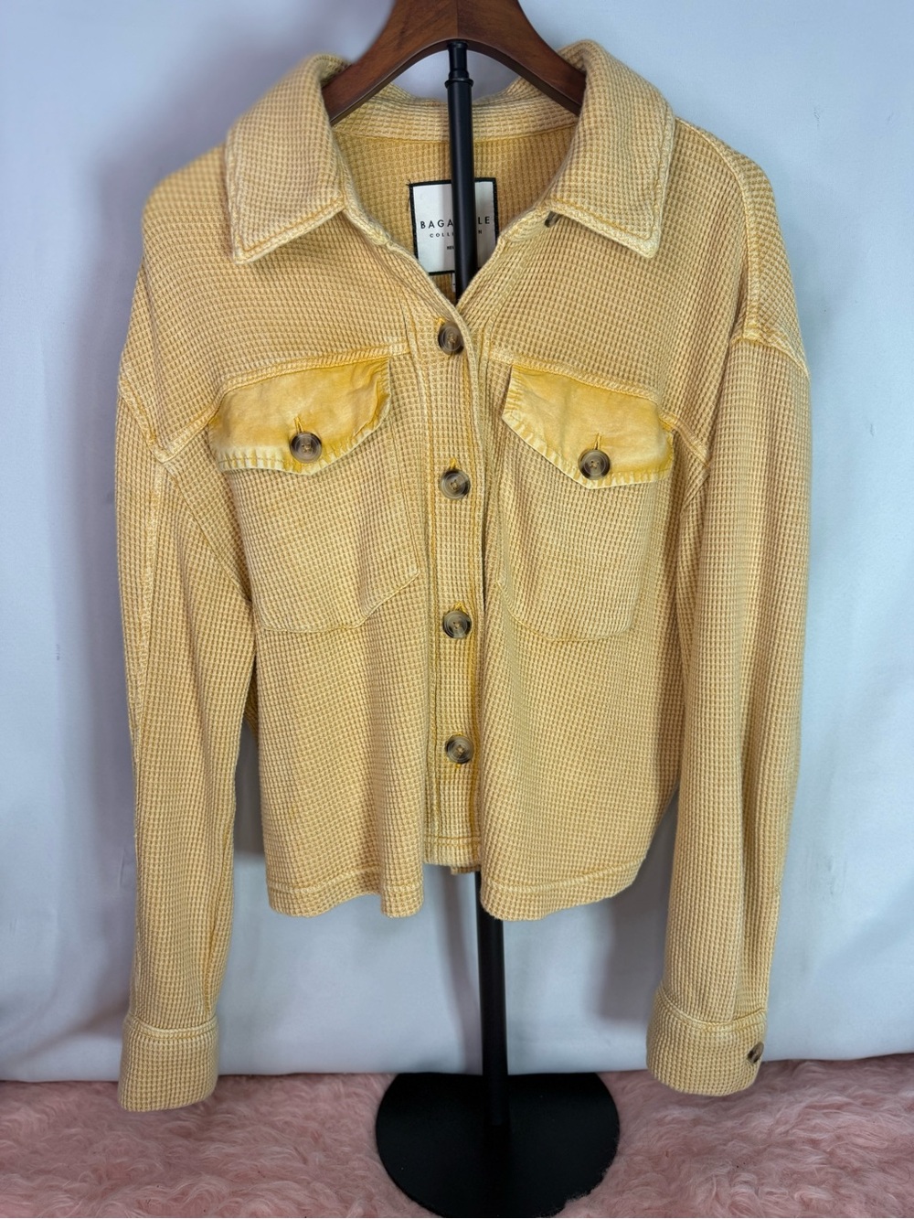 Bagatelle Pale Yellow Waffle-Knit Button Front Jacket